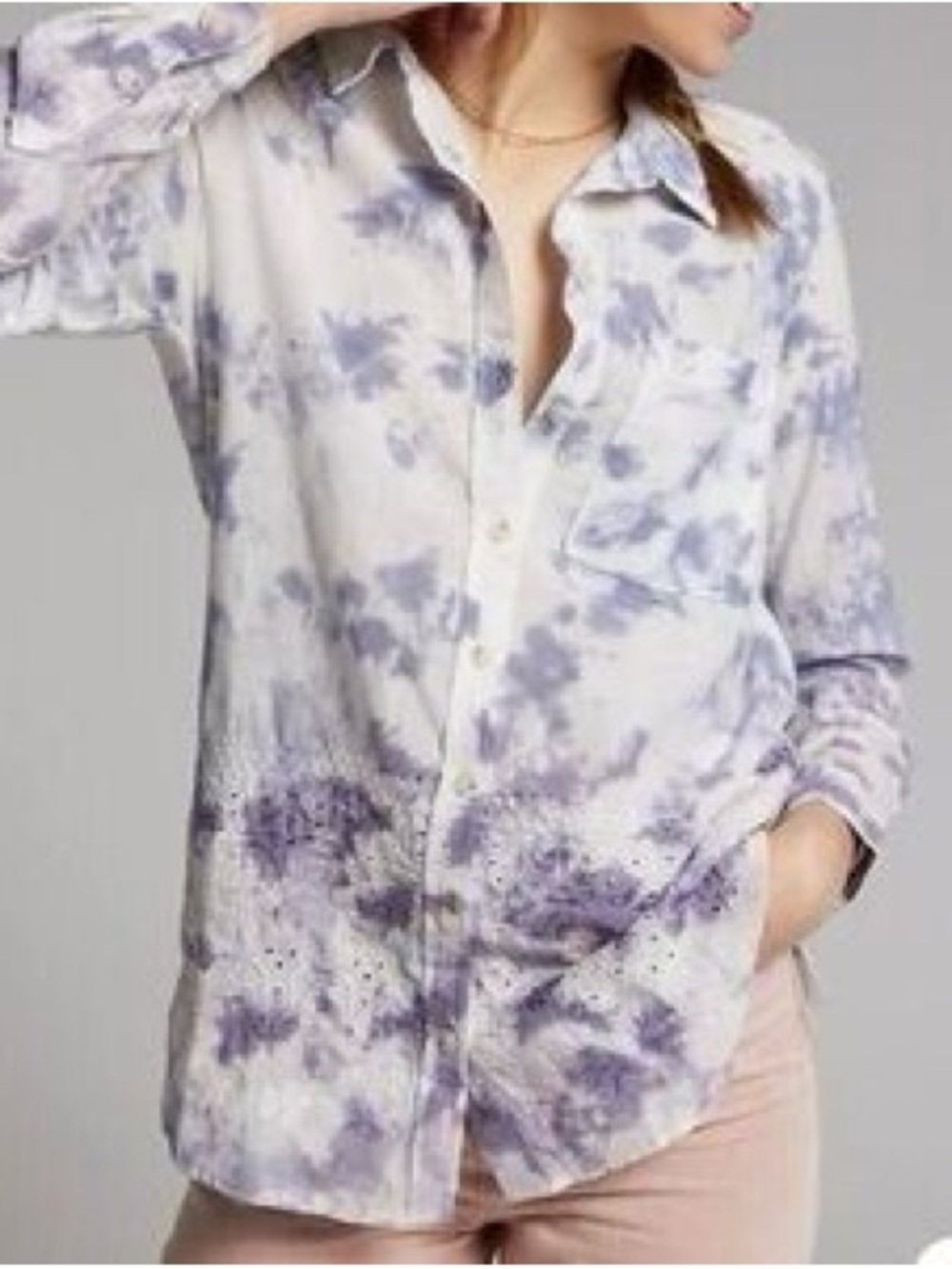 Pilcro Anthropologie The Cate Tie-Dye Embroidered Lace Eyelet Button-Up Top M